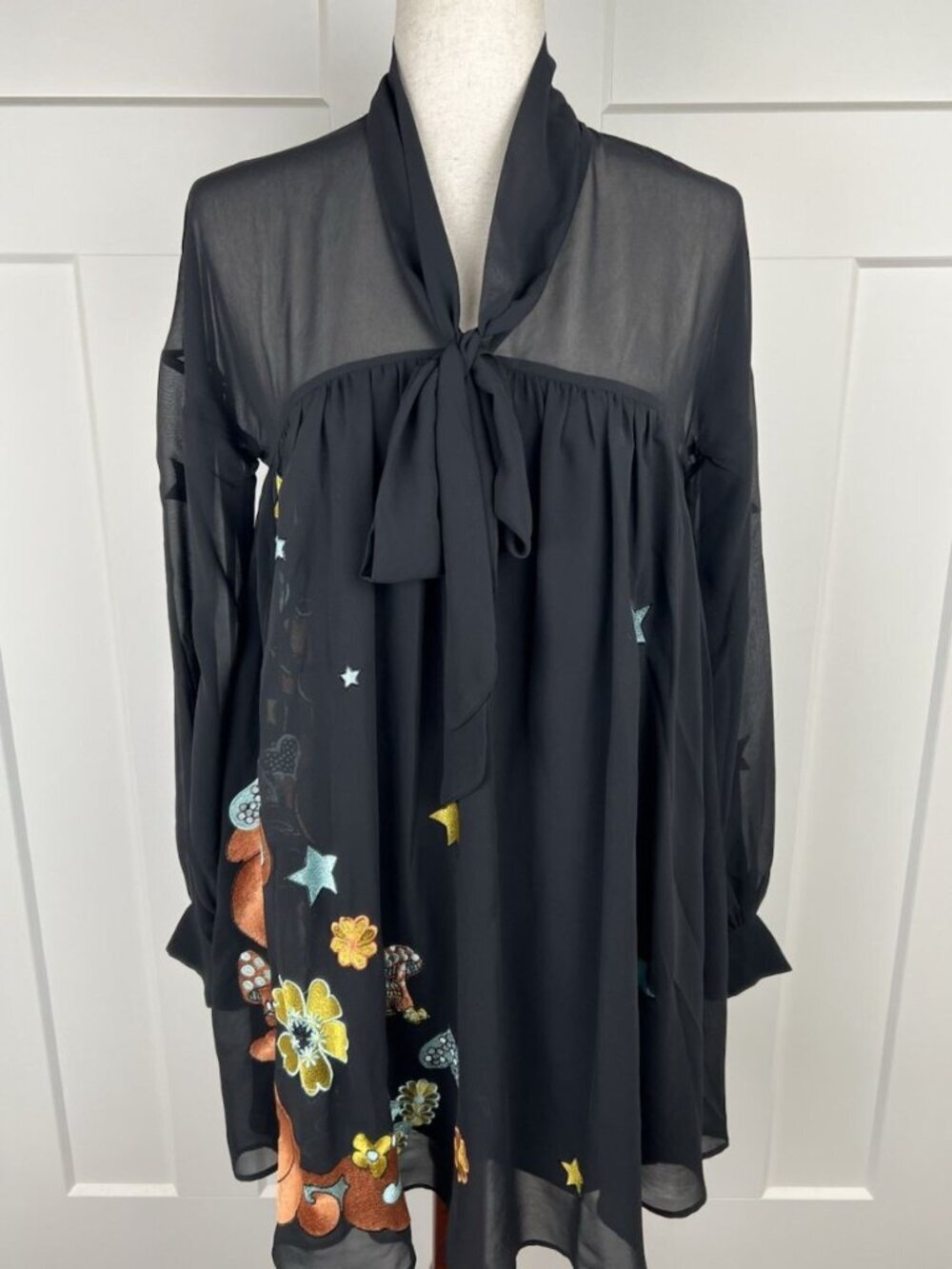 ASOS Embroidered Babydoll Dress US 0 Black Sheer Bow Neck Stars Mushrooms NWOT